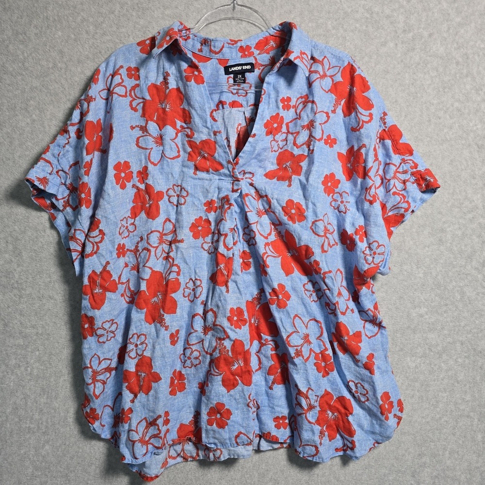 Lands End Size 2X Linen Hawaiian Shirt Split Neck Multicolor Floral Short Sleeve